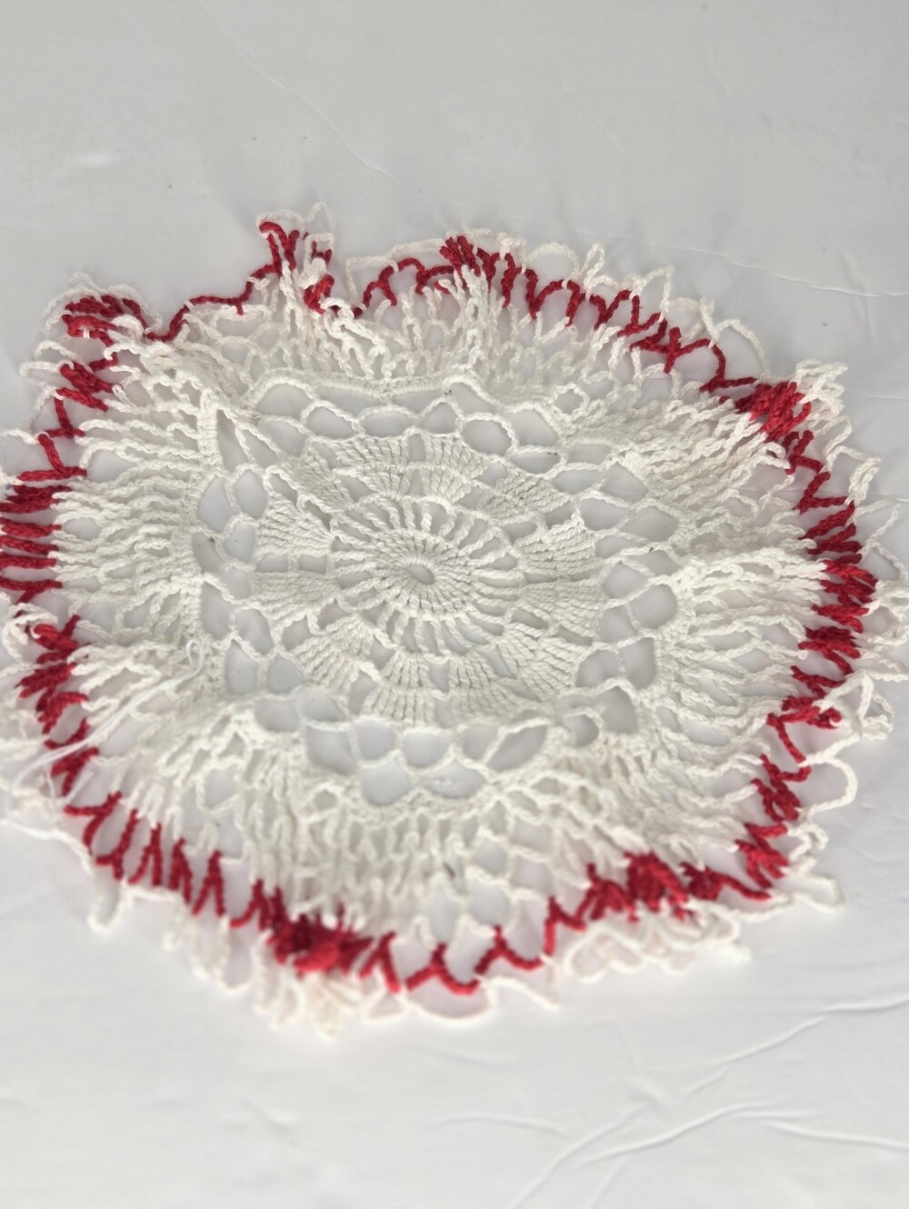 Handmade Vintage White Crochet Doily with Red Trim 10 Inch